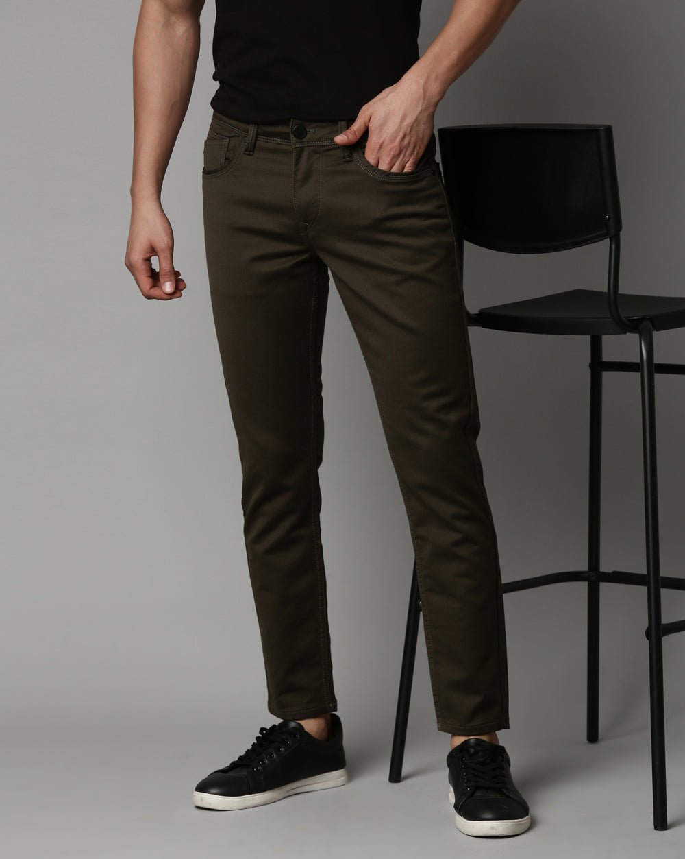 Dark Olive Colored Denim Ankle Fit Jeans For Men