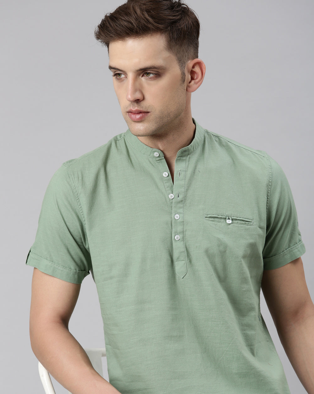 Pistachio Green Solid Short Kurta For Men