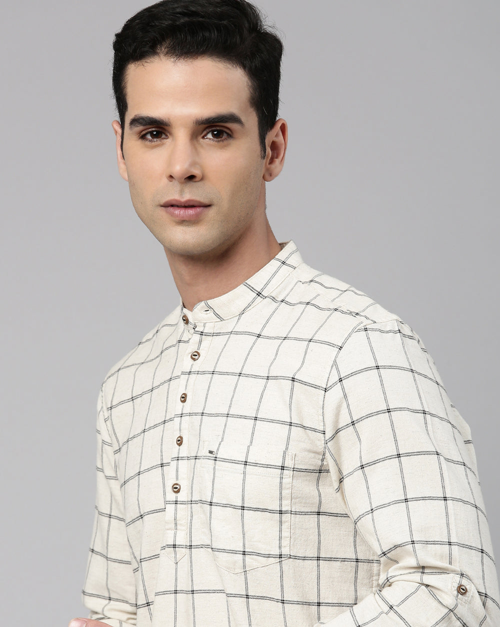 Ecru Natural Checkred Short Kurta For Men
