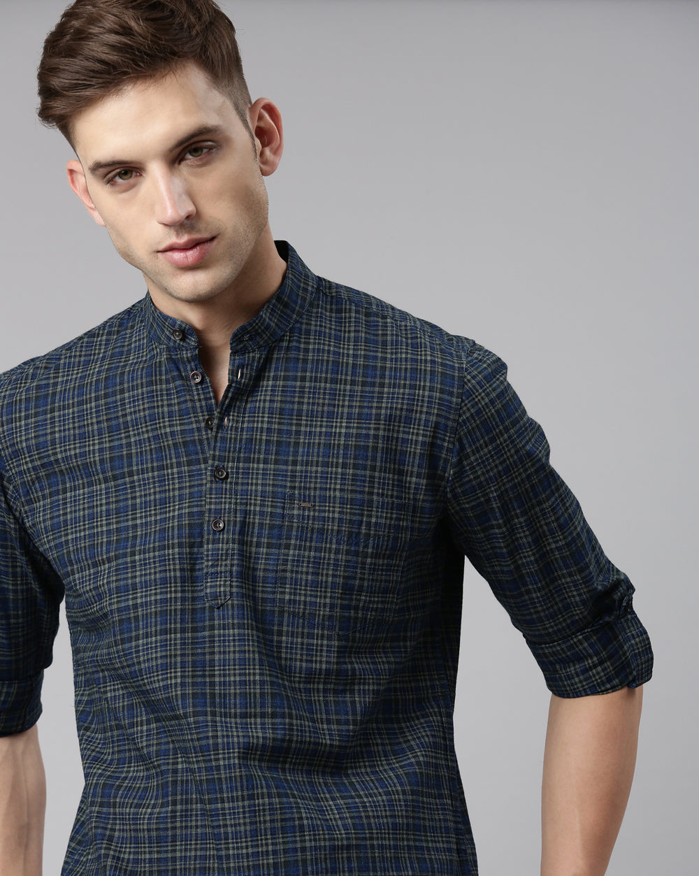 Blue Checkered Short Kurta For Men