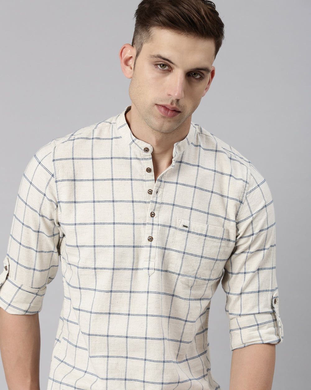 Beige Natural Checkered Short Kurta For Men