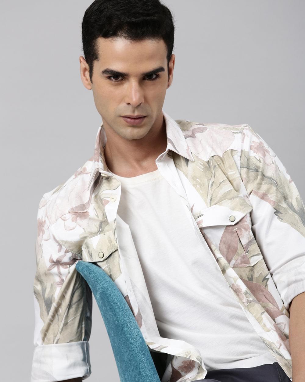 Beige & Green Printed Shirt for Men