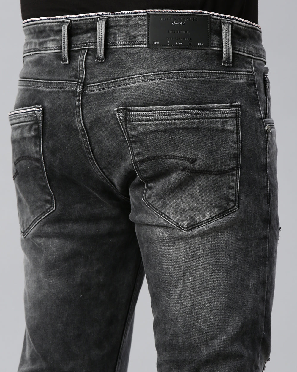 Distressed Dark Grey Denim Ankle Fit Jeans For Men