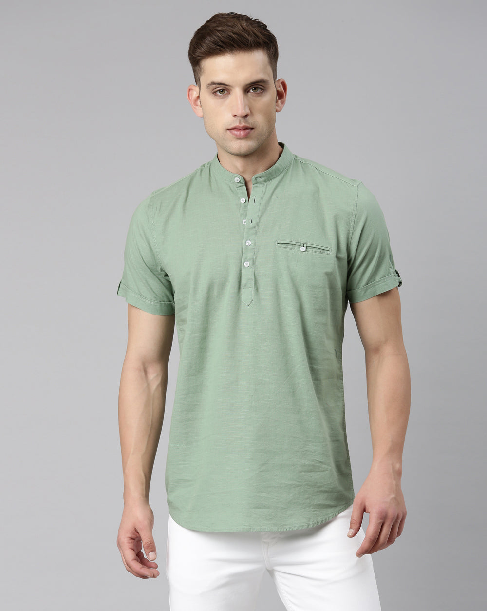 Pistachio Green Solid Short Kurta For Men