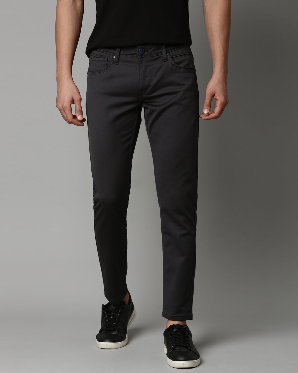 Charcoal Grey Colored Denim Ankle Fit Jeans For Men