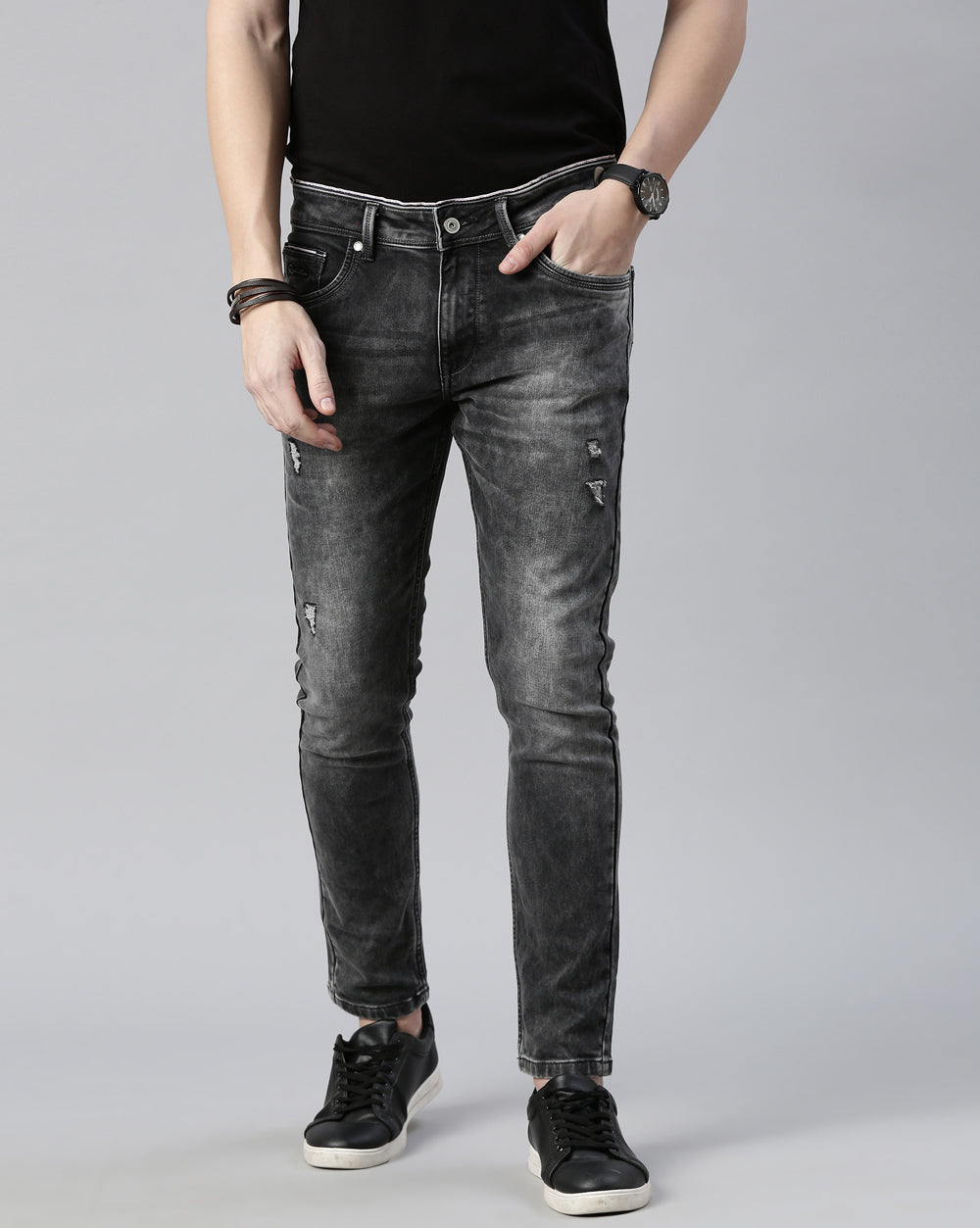 Distressed Dark Grey Denim Ankle Fit Jeans For Men