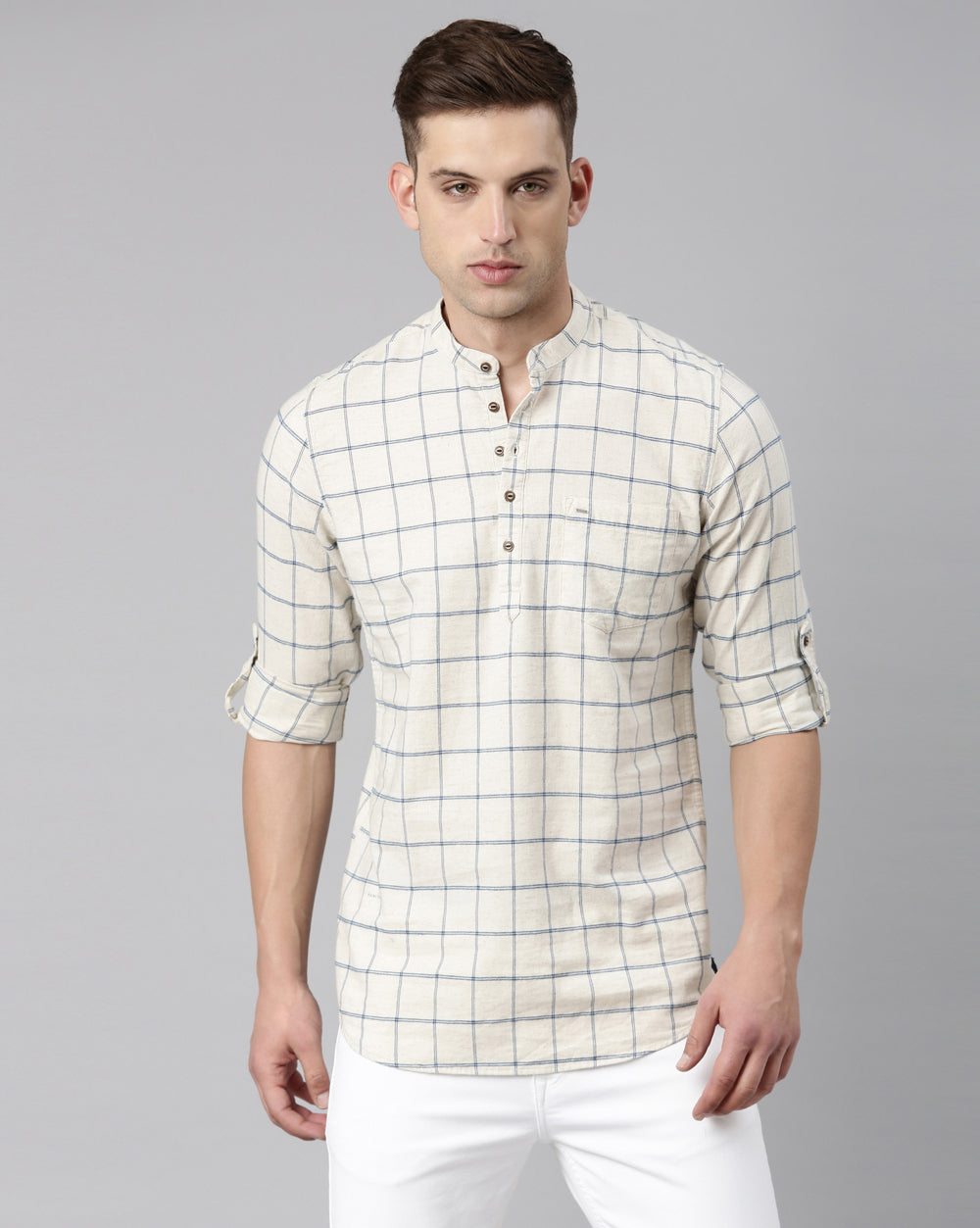 Beige Natural Checkered Short Kurta For Men