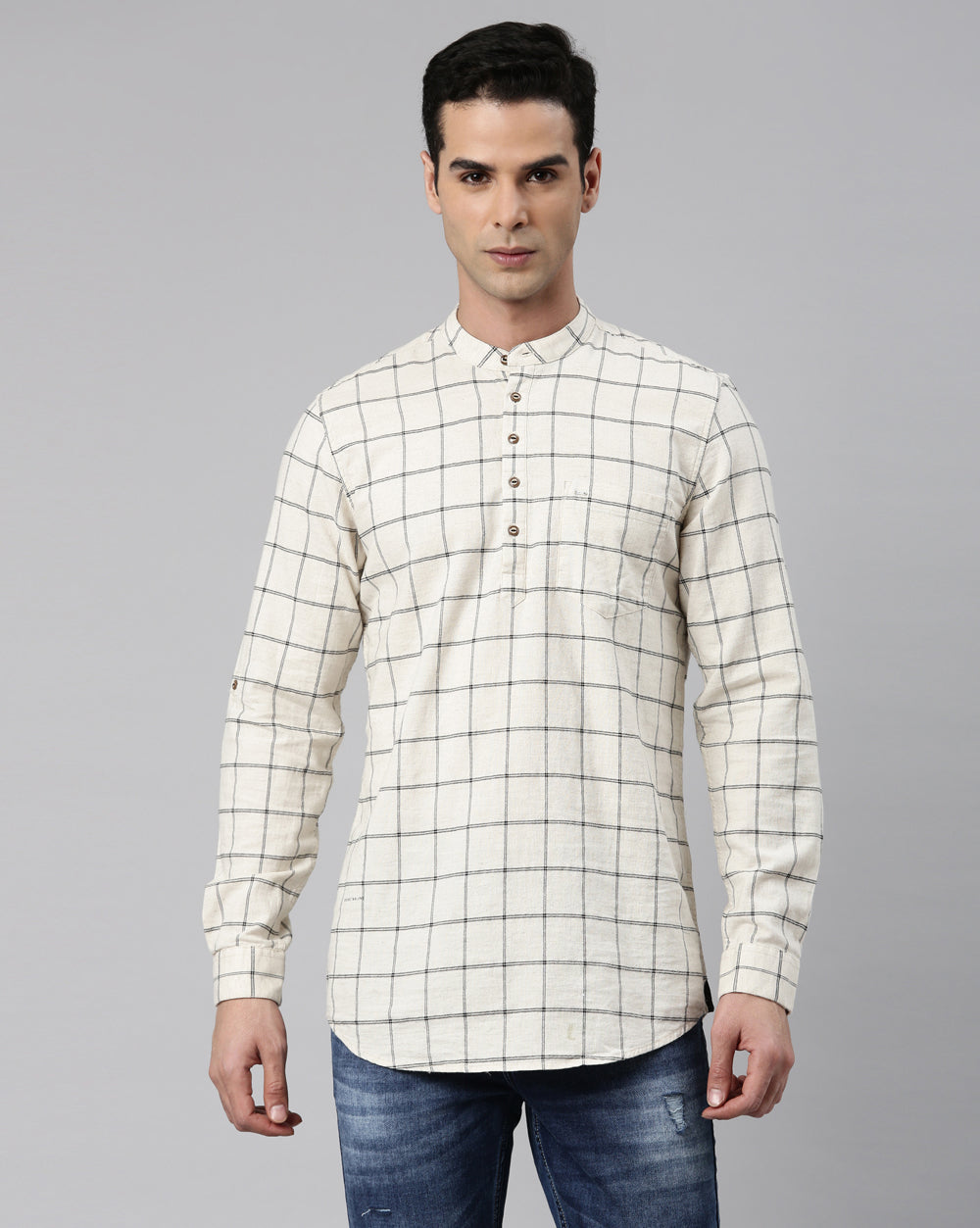 Ecru Natural Checkred Short Kurta For Men
