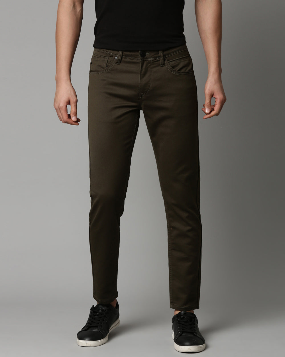 Dark Olive Colored Denim Ankle Fit Jeans For Men
