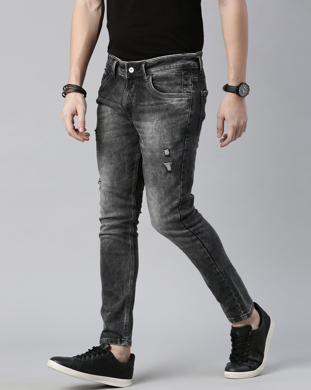 Distressed Dark Grey Denim Ankle Fit Jeans For Men