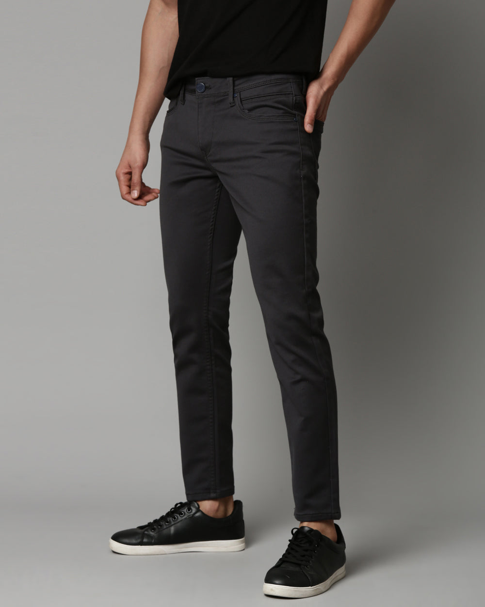 Charcoal Grey Colored Denim Ankle Fit Jeans For Men