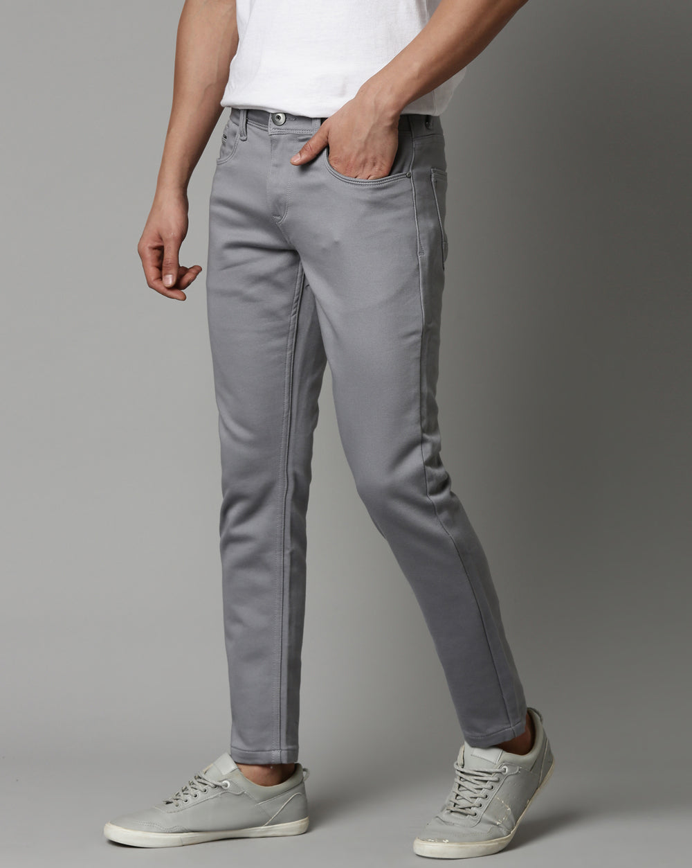 Grey Colored Denim Ankle Fit Jeans For Men