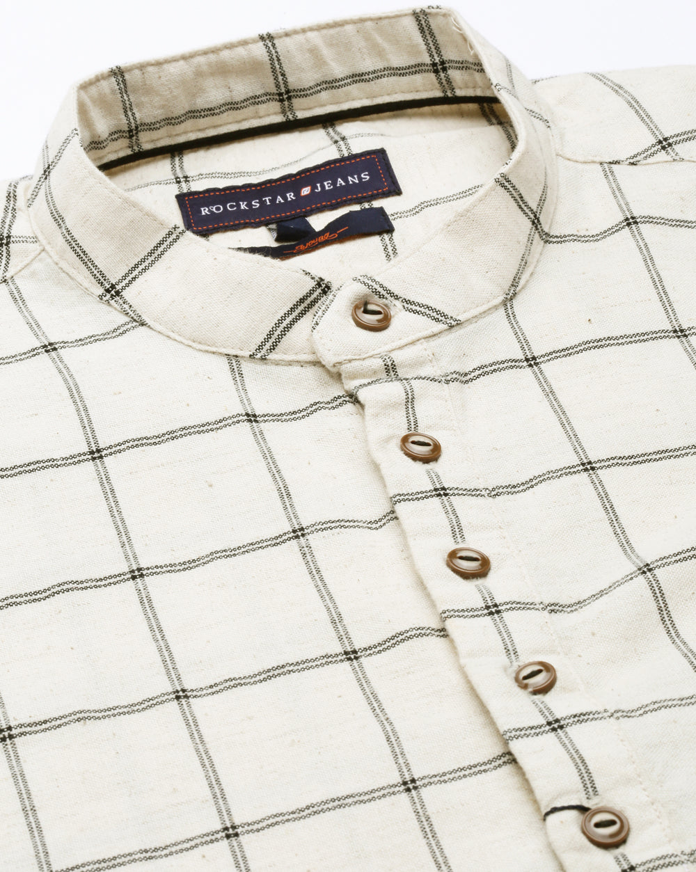 Ecru Natural Checkred Short Kurta For Men