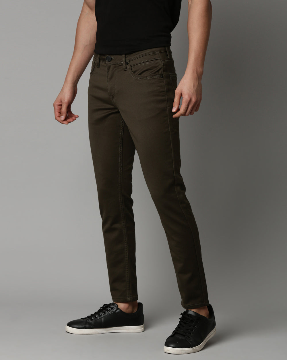Dark Olive Colored Denim Ankle Fit Jeans For Men
