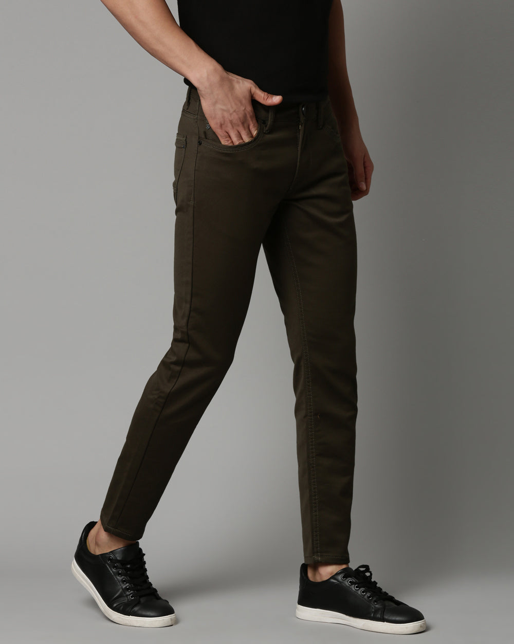 Dark Olive Colored Denim Ankle Fit Jeans For Men
