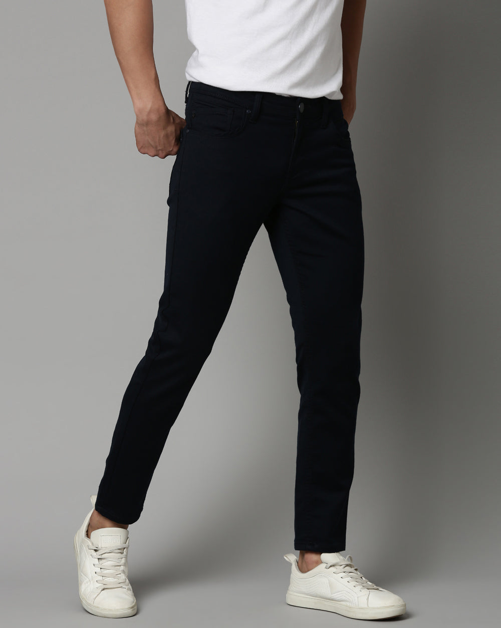 Navy Colored Denim Ankle Fit Jeans For Men