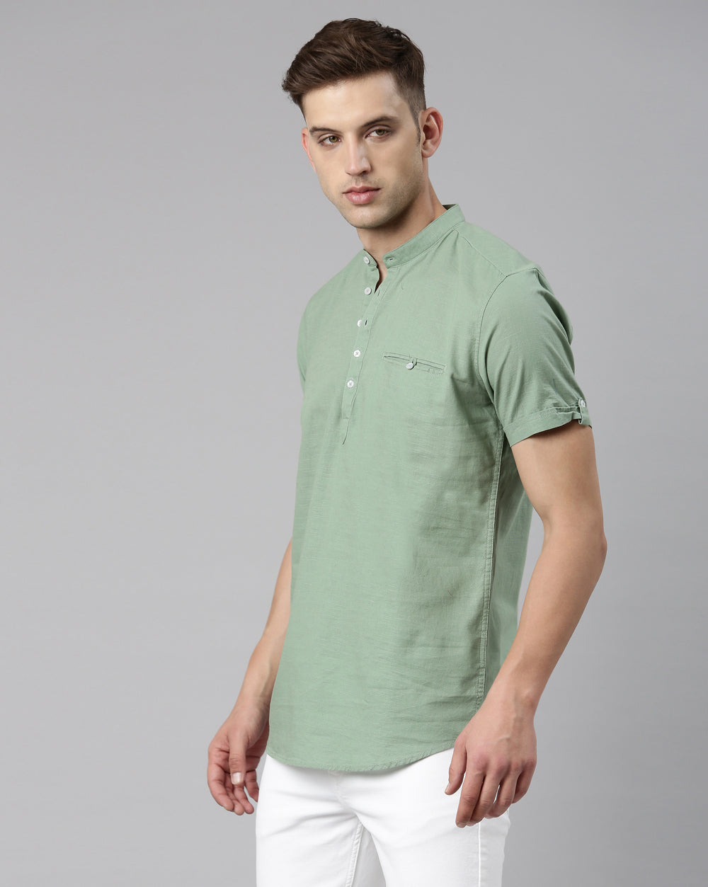 Pistachio Green Solid Short Kurta For Men