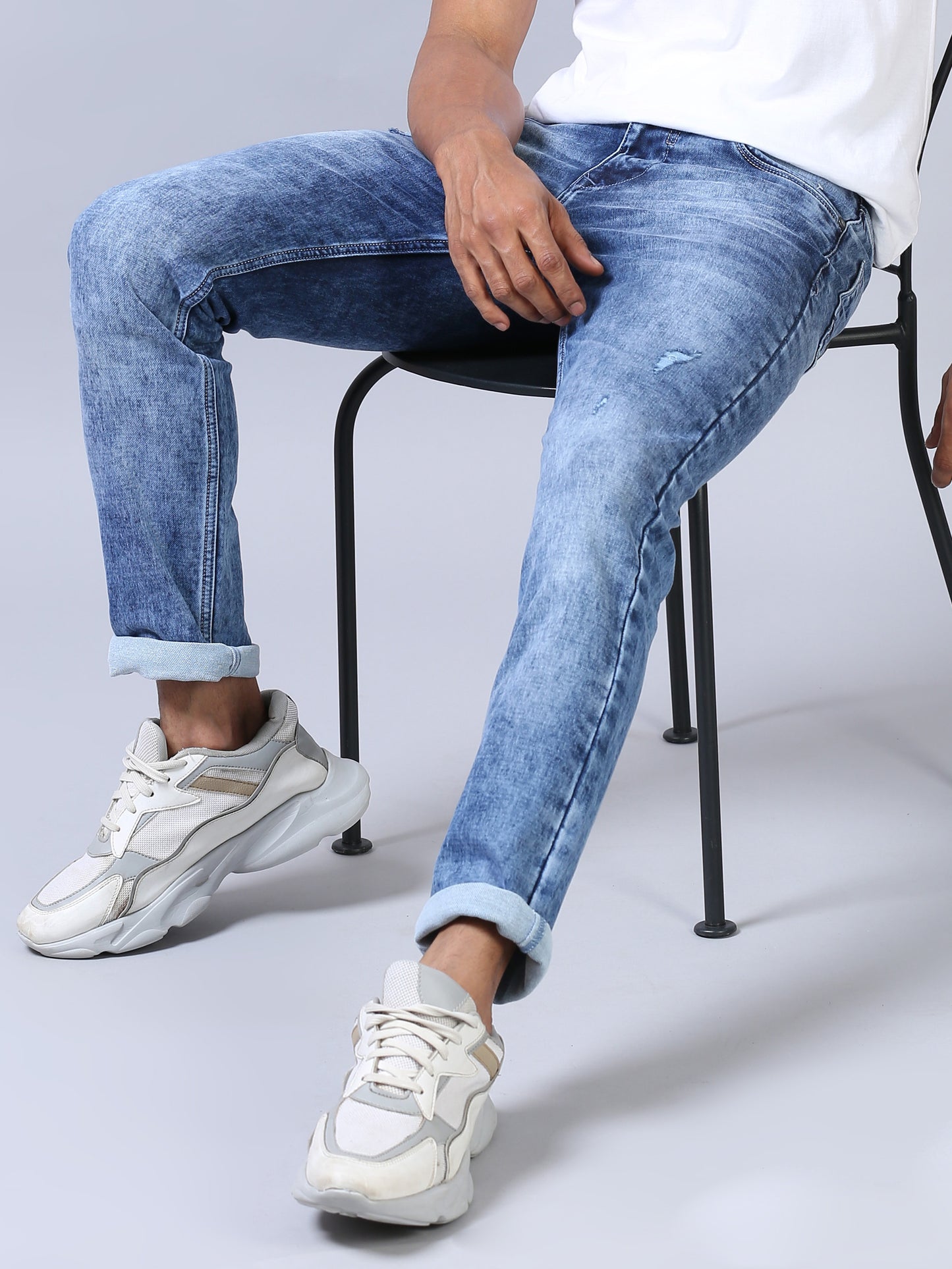 Faded Blue Denim Ankle Fit Jeans For Men