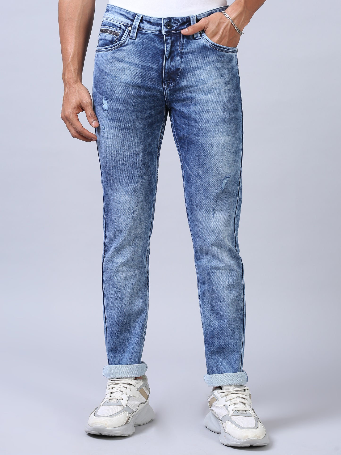 Faded Blue Denim Ankle Fit Jeans For Men