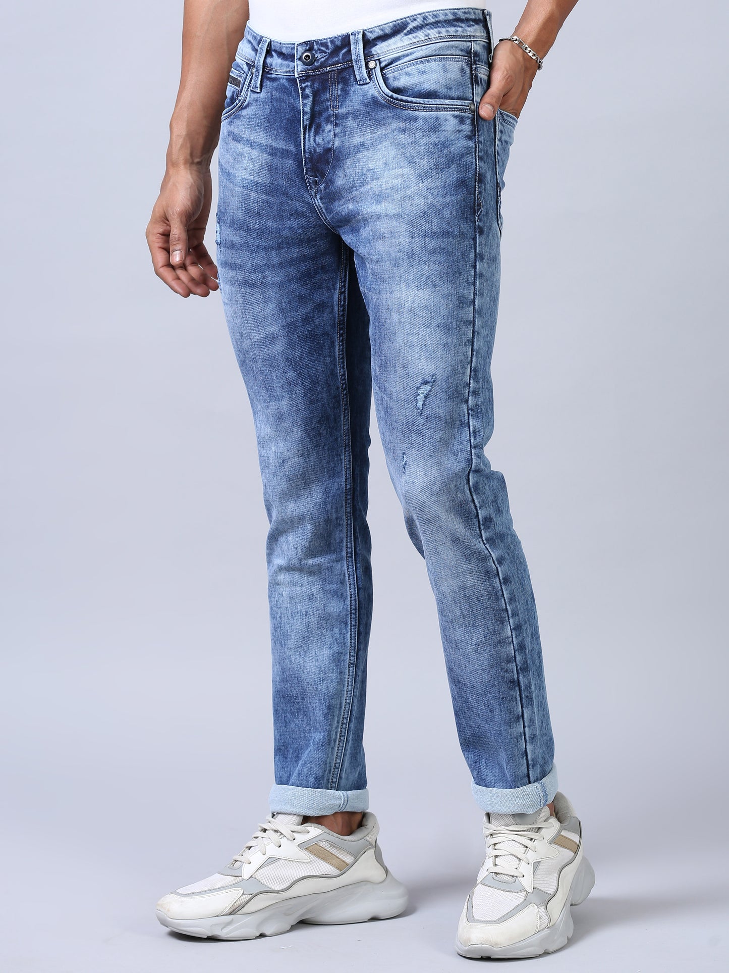 Faded Blue Denim Ankle Fit Jeans For Men