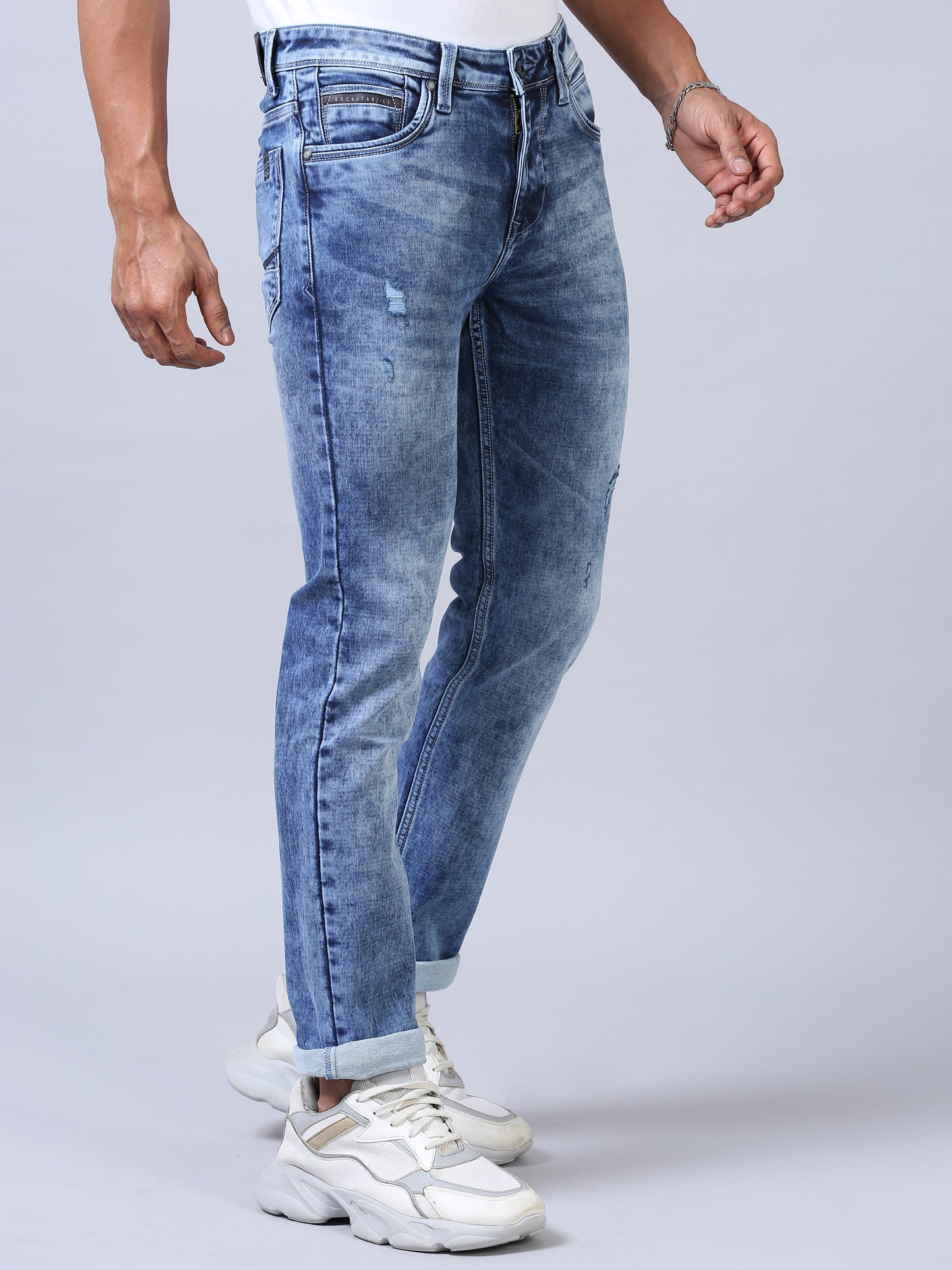 Faded Blue Denim Ankle Fit Jeans For Men
