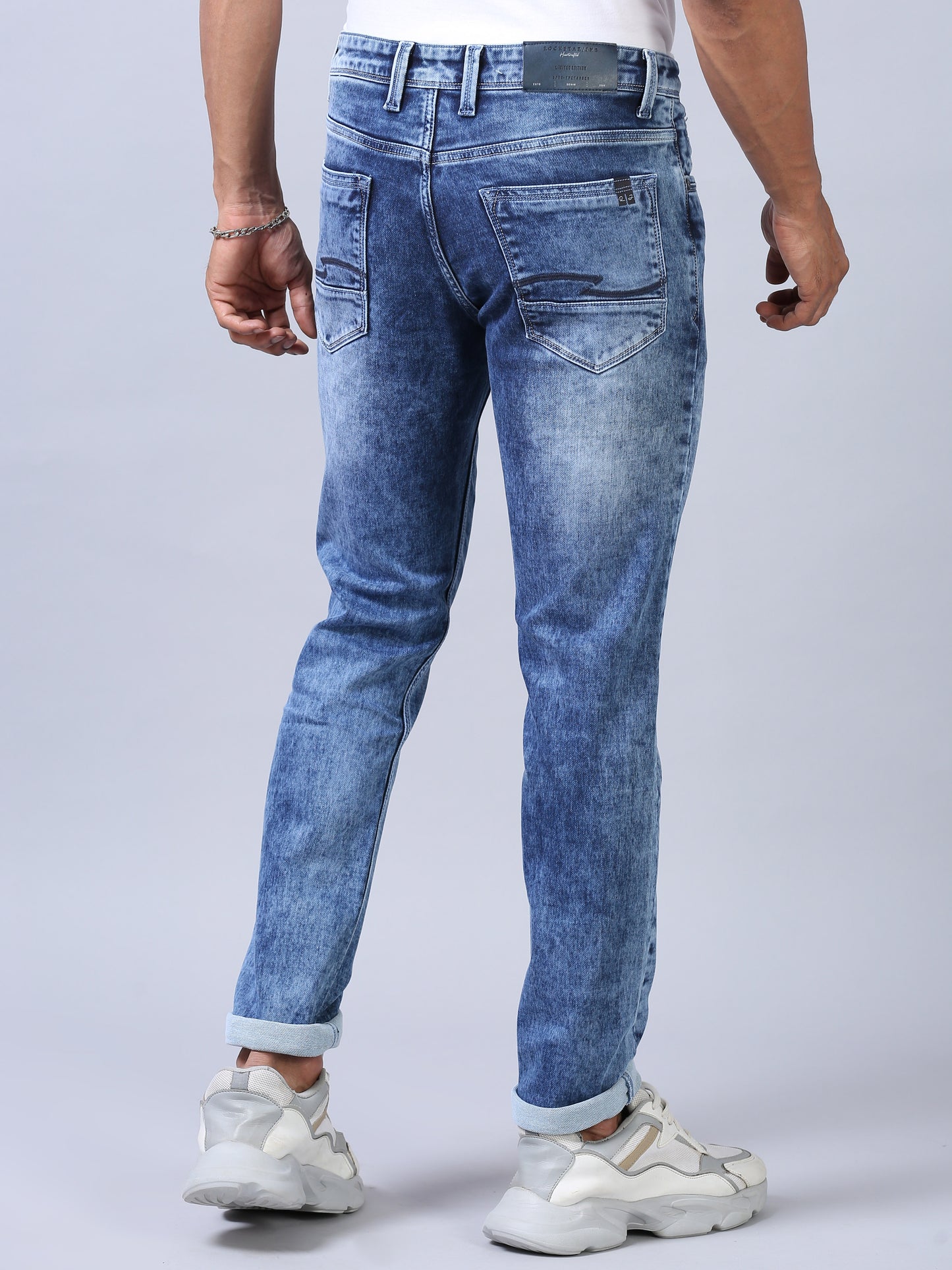 Faded Blue Denim Ankle Fit Jeans For Men