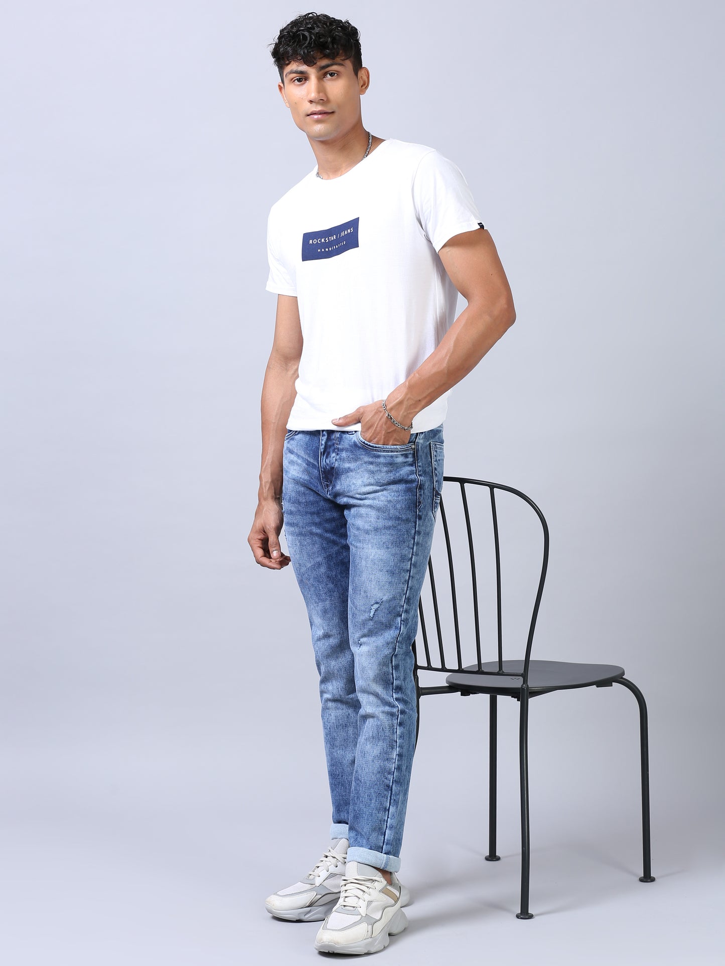 Faded Blue Denim Ankle Fit Jeans For Men