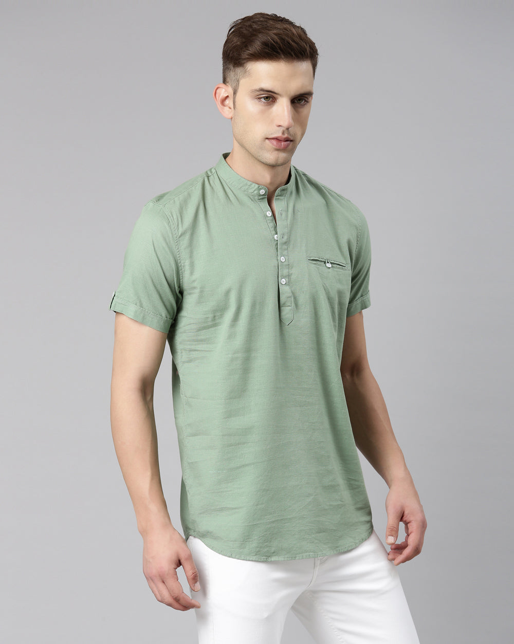Pistachio Green Solid Short Kurta For Men