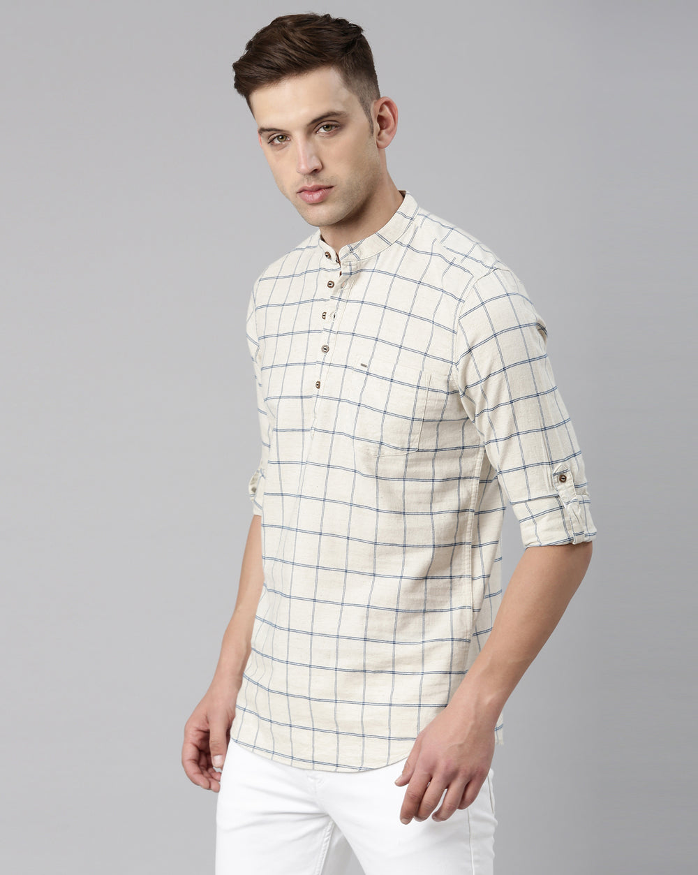 Beige Natural Checkered Short Kurta For Men