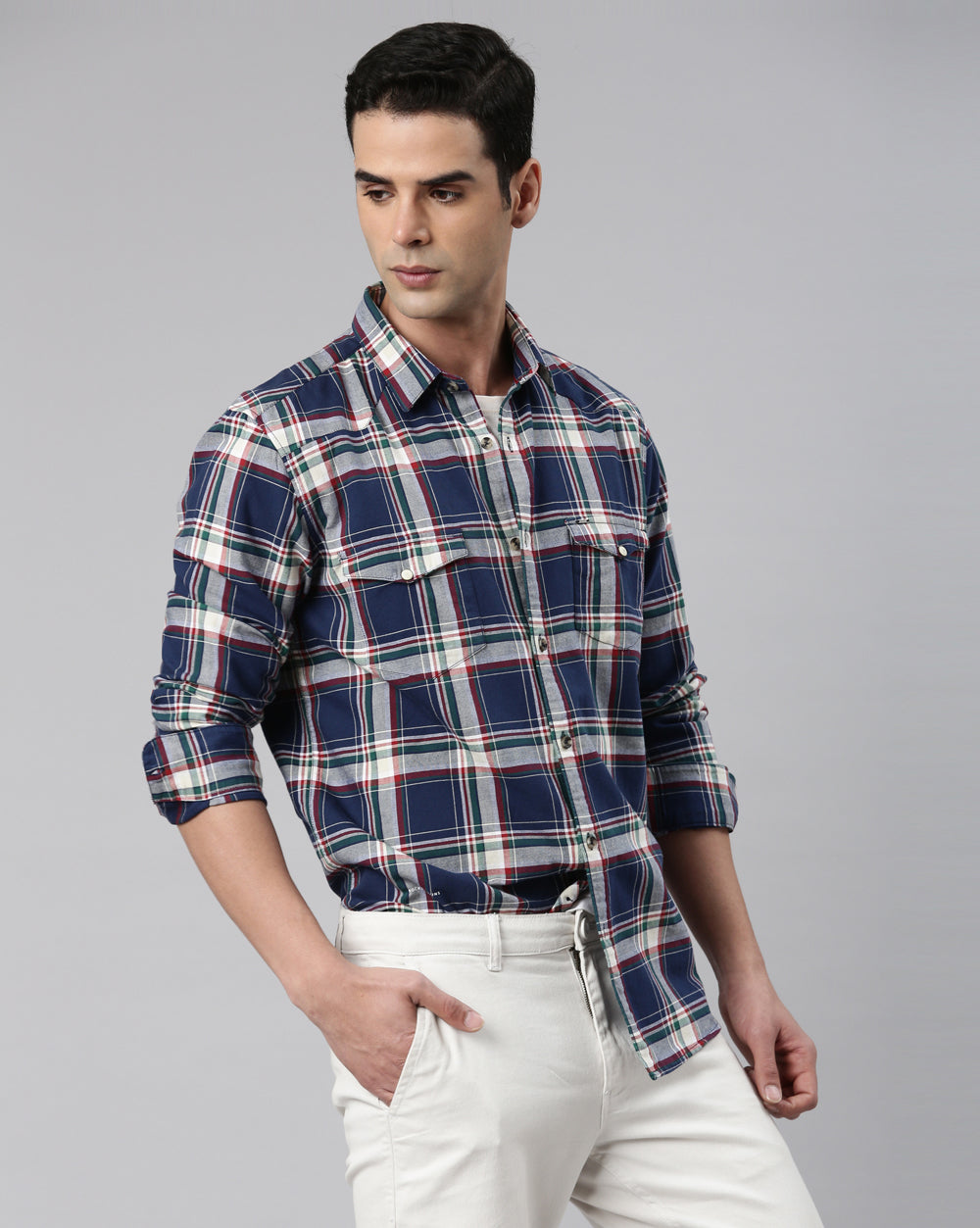 Swing Navy Blue Windowpane Shirt for Men 