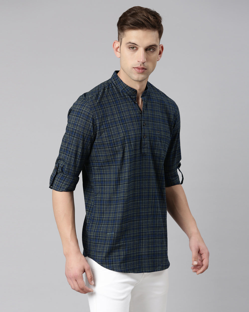 Blue Checkered Short Kurta For Men