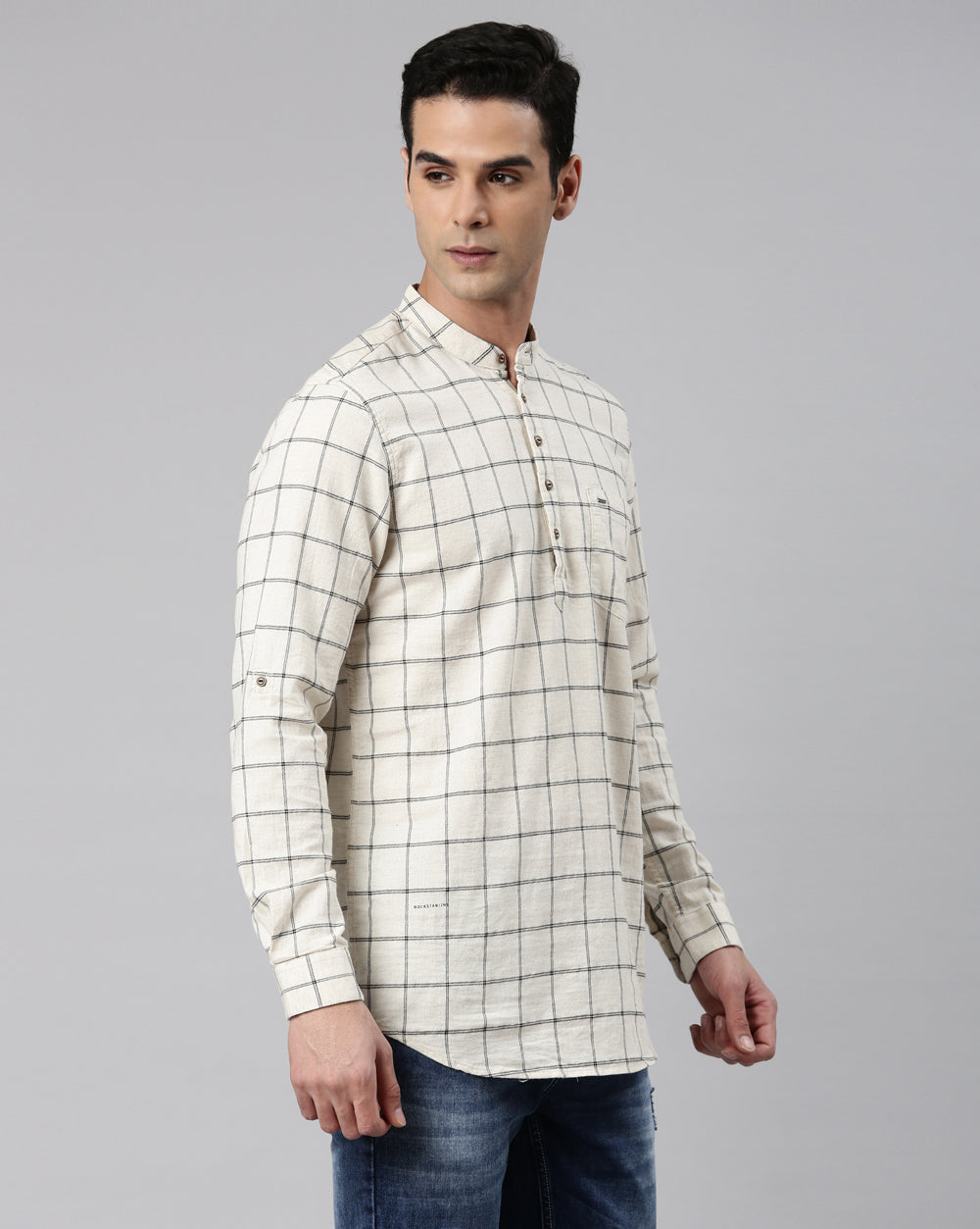 Ecru Natural Checkred Short Kurta For Men