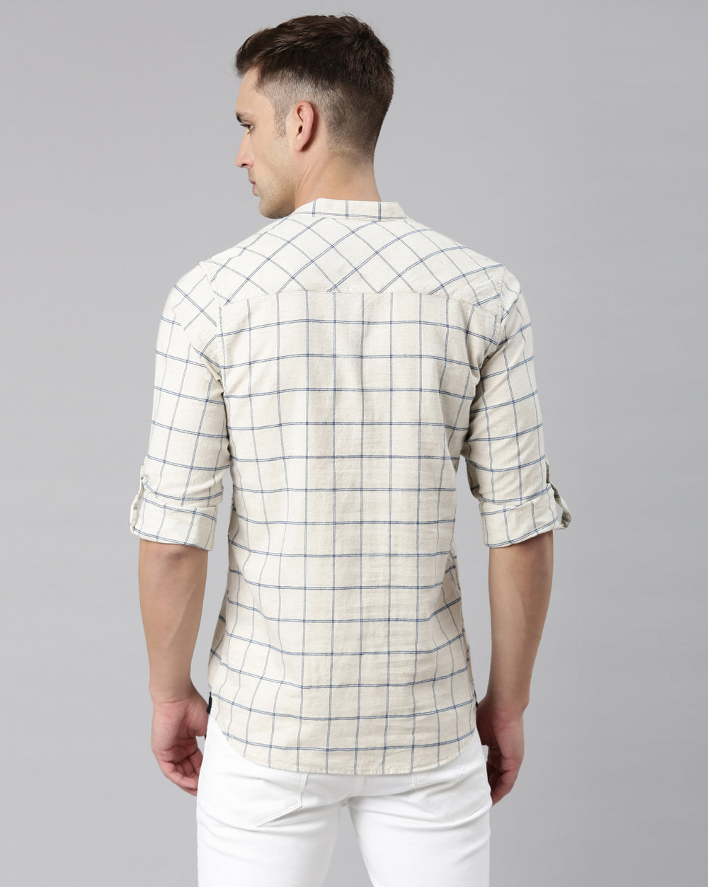 Beige Natural Checkered Short Kurta For Men