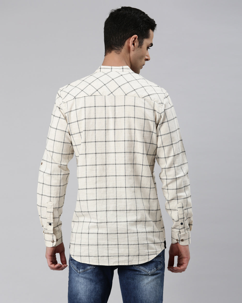 Ecru Natural Checkred Short Kurta For Men