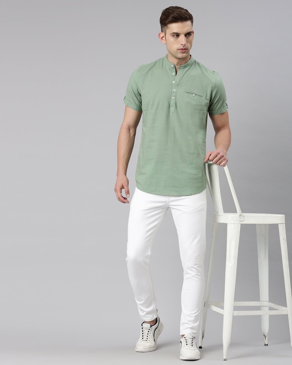 Pistachio Green Solid Short Kurta For Men