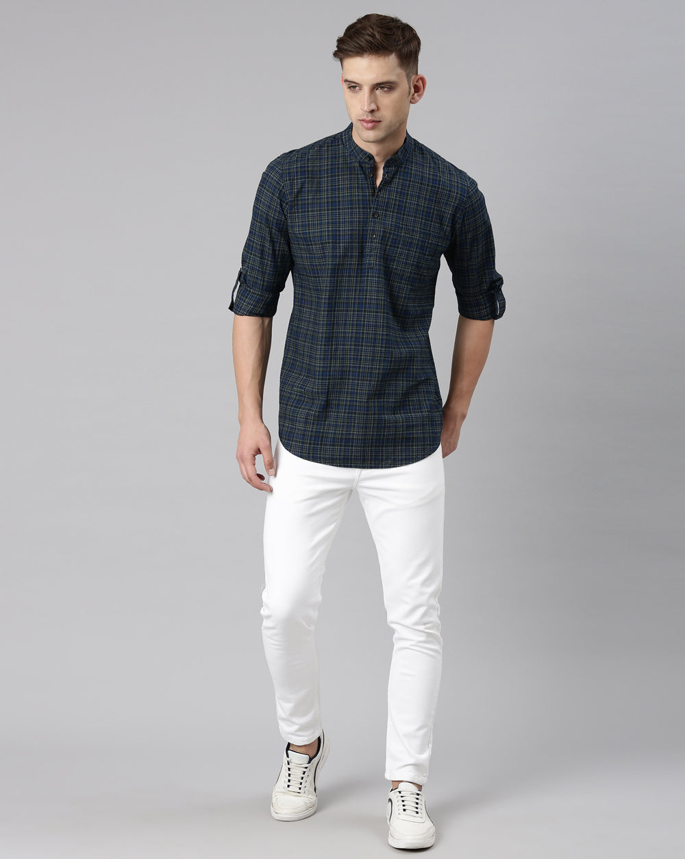 Blue Checkered Short Kurta For Men