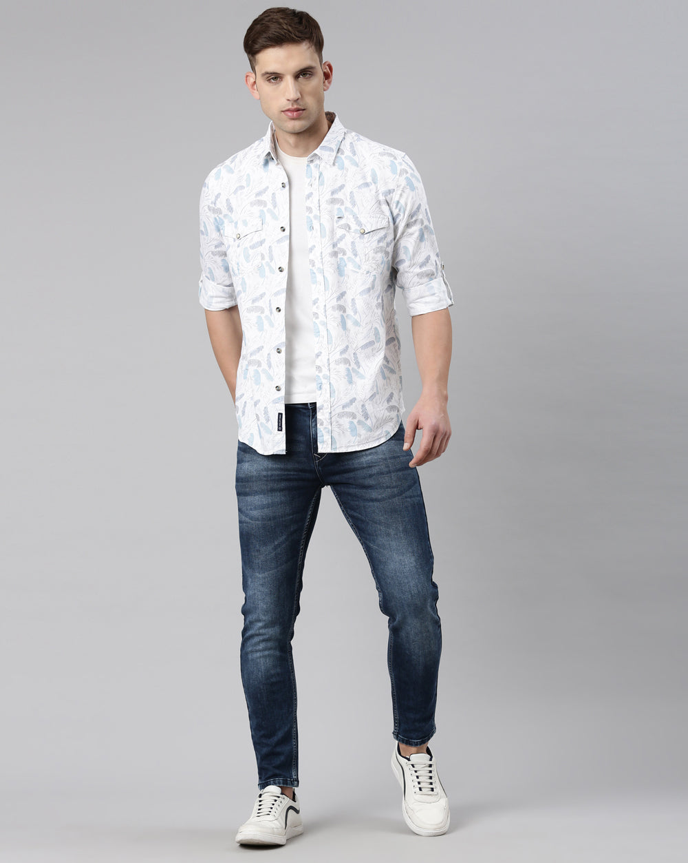 White And Blue Printed Shirt for Men