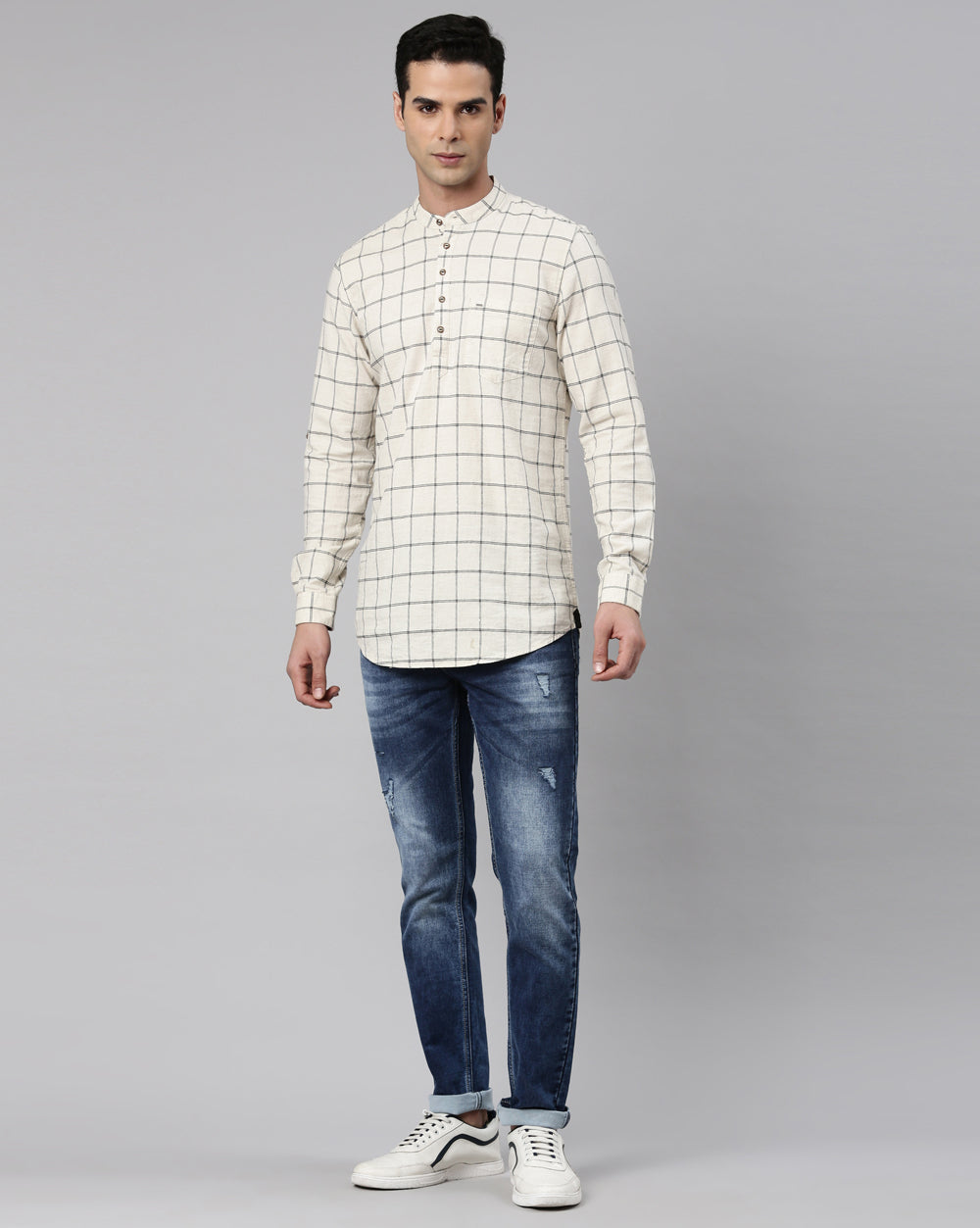 Ecru Natural Checkred Short Kurta For Men