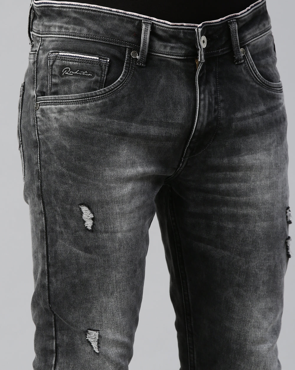Distressed Dark Grey Denim Ankle Fit Jeans For Men