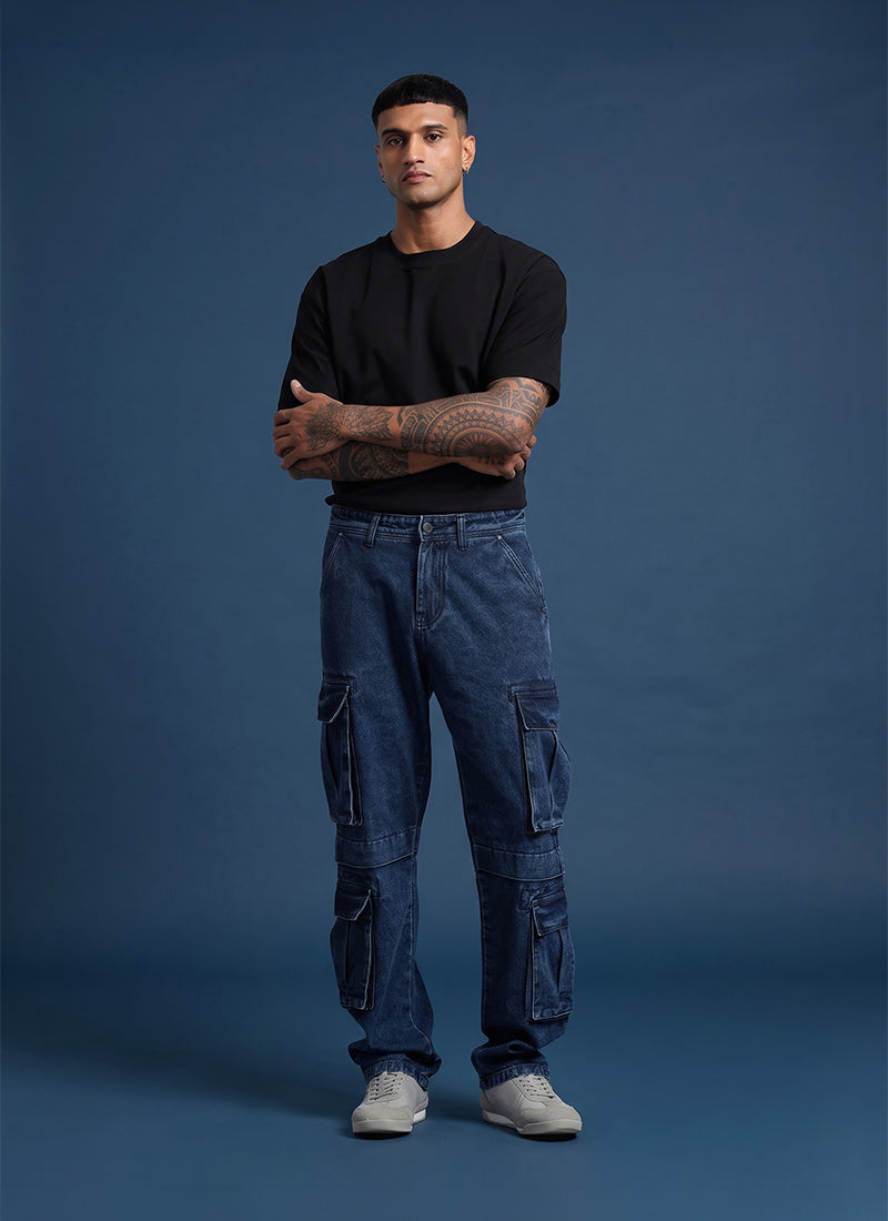 DREAM CHASER Relaxed Fit 8 Pockets Denim Cargo Jeans Dark Blue
