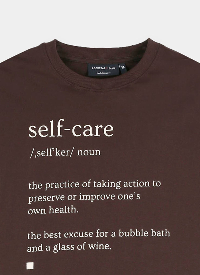 SELF CARE Oversized Cotton Printed T-Shirt Espresso Brown - Details Image