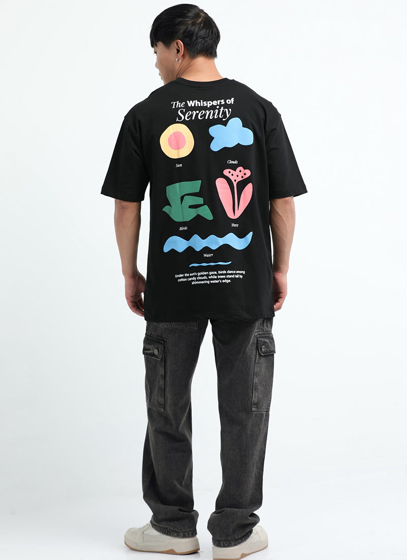 SERENITY Oversized Cotton Printed T-Shirt Midnight Black - Back Printed Oversized Tshirts
