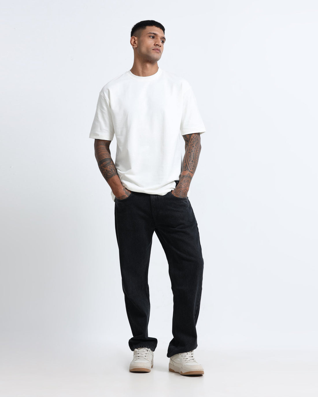 man wearing washed black straight fit jeans smart casual outfit