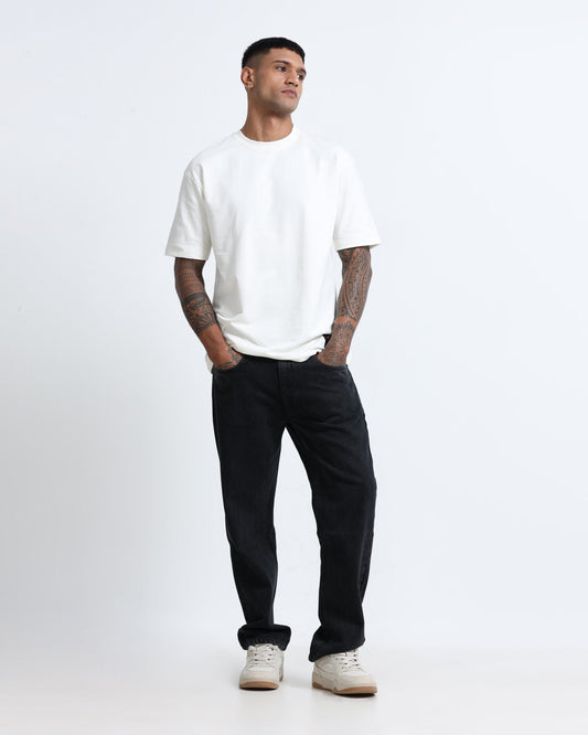 man wearing washed black straight fit jeans smart casual outfit