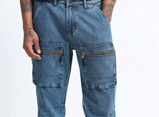Where can men buy stylish loose-fit cargo jeans with utility design and wide-leg comfort online in India?