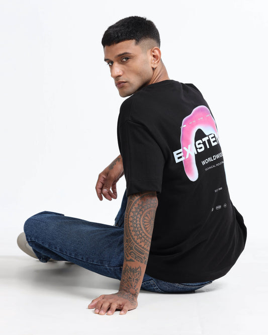 EXISTENCE REALM Relaxed Fit Cotton Printed T-Shirt Raven Black