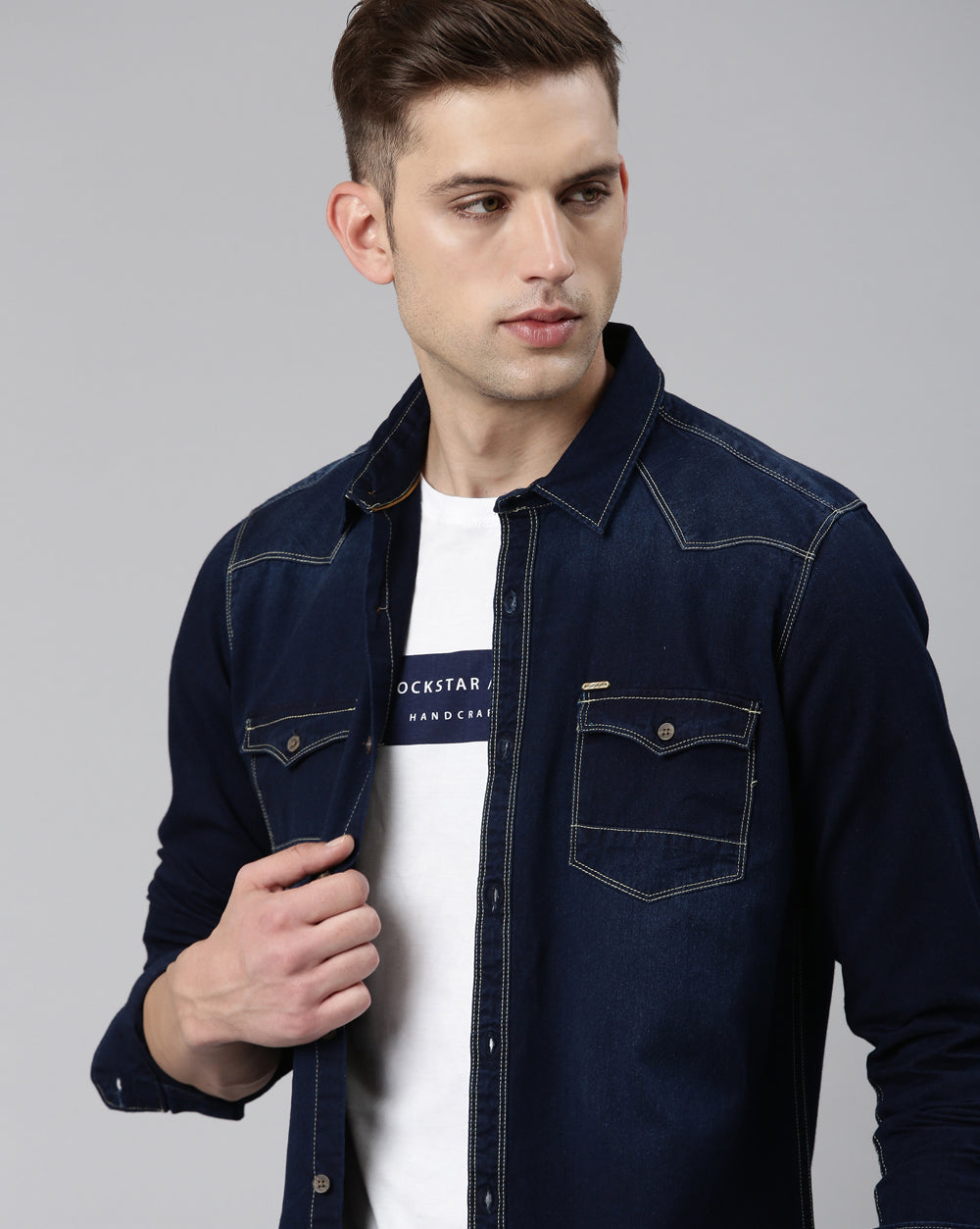 Dark Blue Jeans Shirt For Men Men's Solid Regular Fit Denim Shirt