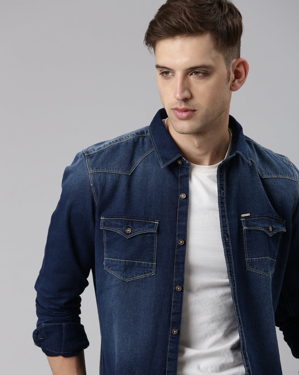 Mid Blue Washed Denim Shirt for Men 