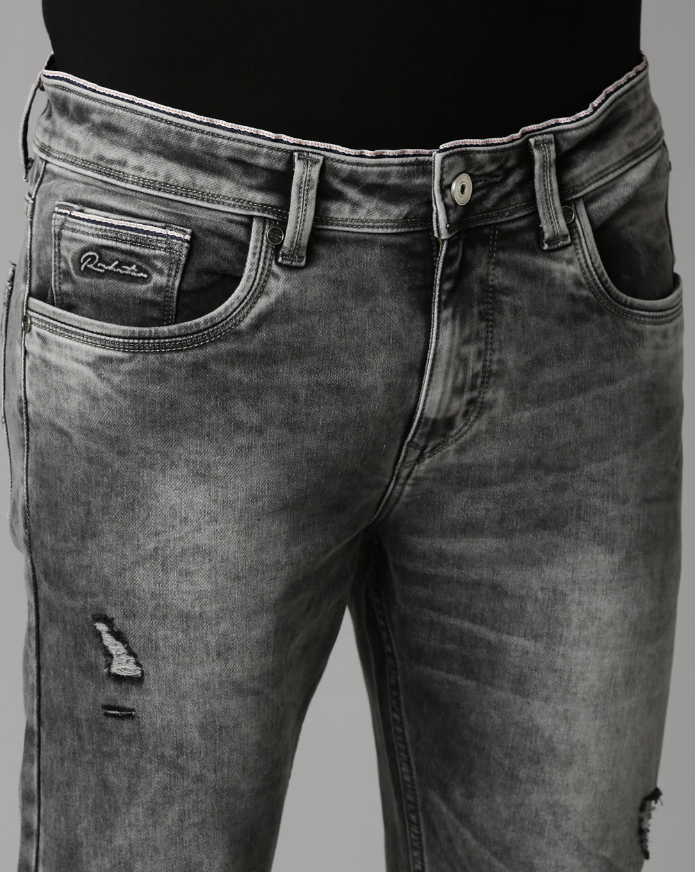 Distressed Grey Denim Ankle Fit Jeans For Men