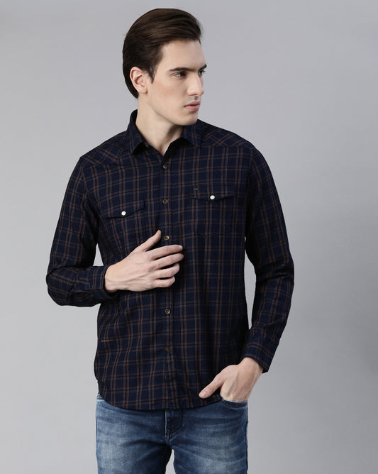 Swing Indigo Khaki Checkered Shirt for Men 